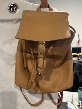 Coach Camel Leather Drawstring Backpack with Buckle Flap